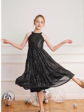 Grace Karin Black Girls' Sequin Halter Tiered Formal Dress